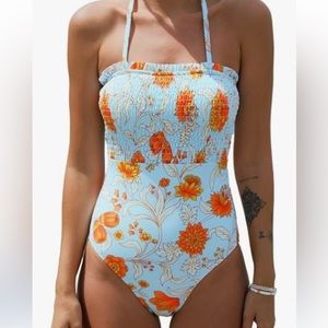 NWT CUPSHE aqua ethnic geo ruffled smocked bandeau one piece swimsuit